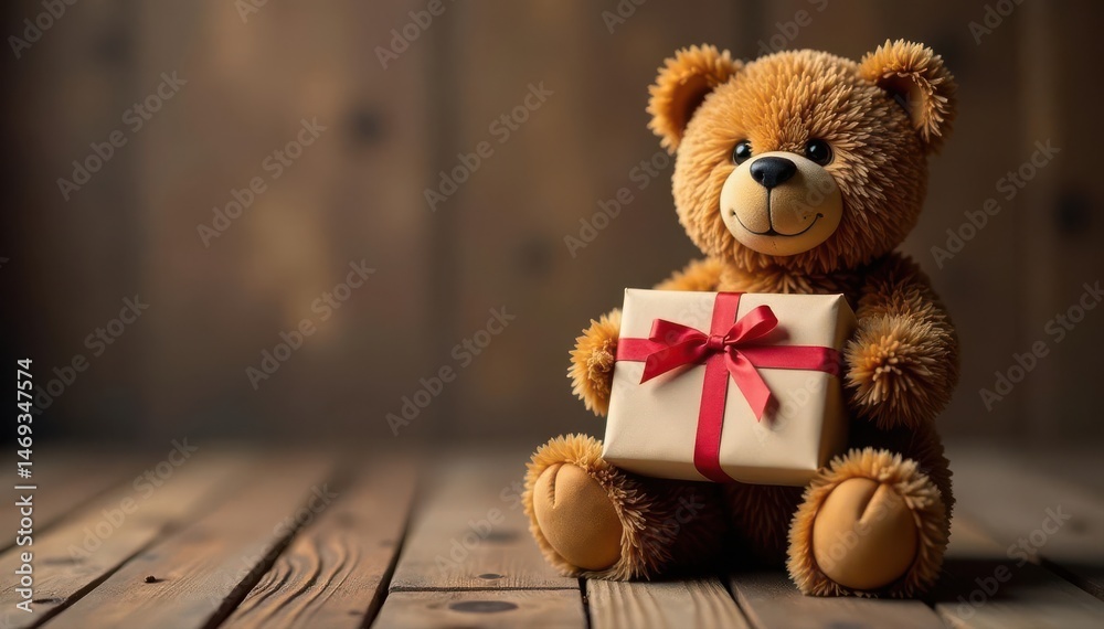 Obraz premium Brown bear holding wrapped gift; wood floor backdrop, gift, christmas, warm