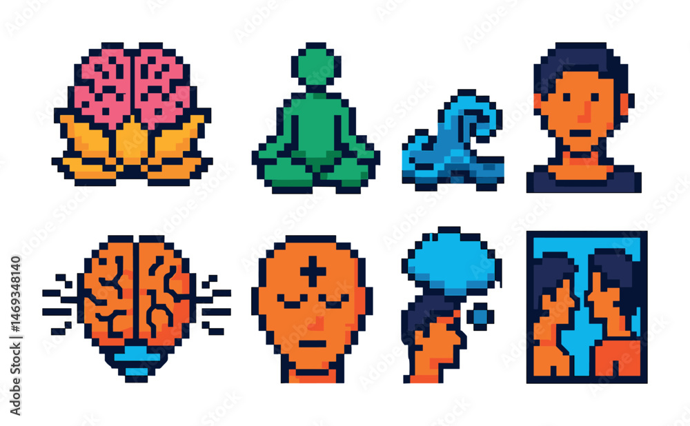 Mindfulness and meditation pixel art icons set for mental wellness and focus
