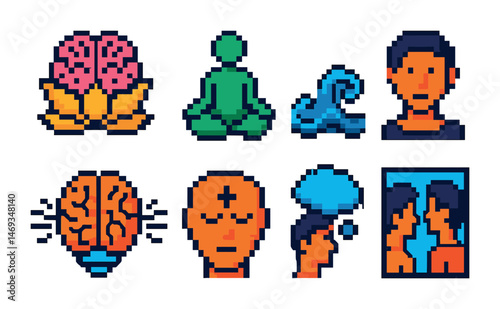 Mindfulness and meditation pixel art icons set for mental wellness and focus