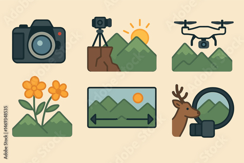 Outdoor photography flat icons set – nature, landscape, camera symbols