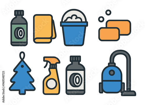 Cleaning tools outline icons set – line, flat, hygiene and sanitation symbols