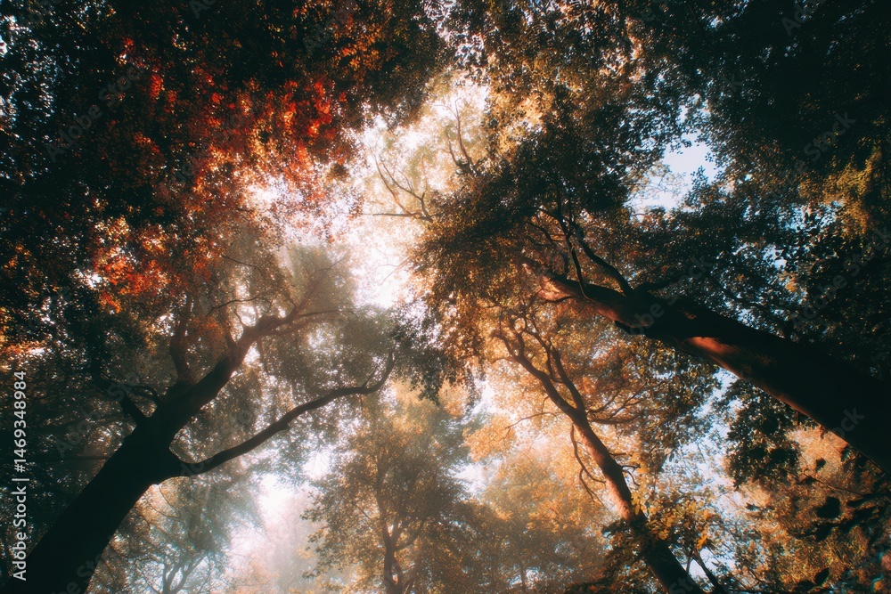Vibrant Forest Canopy in Autumn Hues With Warm Light Filtering Through Trees During a Peaceful Morning Generative AI