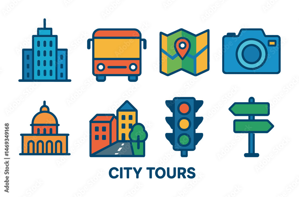 Naklejka premium City tours icons set: flat, outline, travel and urban exploration symbols