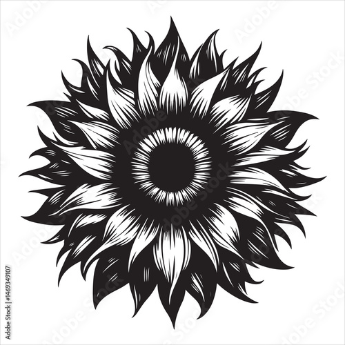 Black sunflower silhouette on a bright white background, clean and detailed petals 