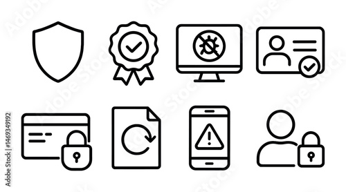 Cybersecurity and protection icons set – outline, network safety symbols collection