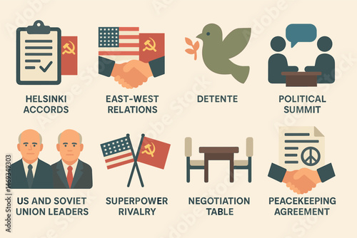 Cold war relations icons set – flat, solid, diplomacy and peace symbols