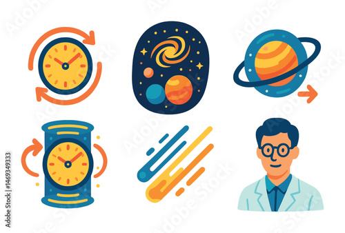 Space and science icons set – flat, outline, astronomy and research symbols