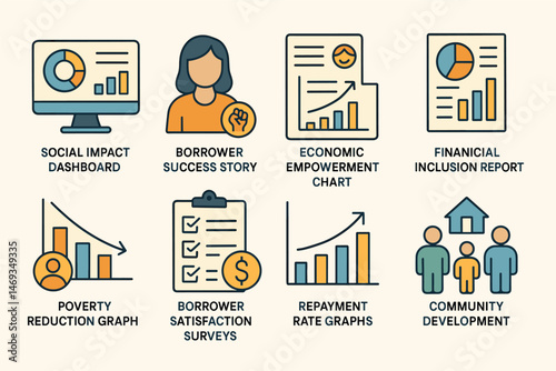 Social impact dashboard icons set – solid, financial, data visualization tools
