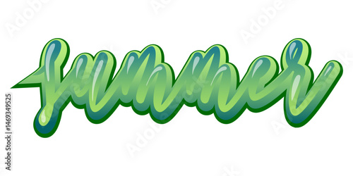 handwritten text summer in green bright gradient, jelly effect, for your designs, prints, cards and banners