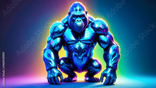 Blue glowing metallic ape with colorful gradient background