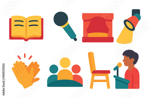Public speaking flat icons set – filled, presentation, microphone symbols