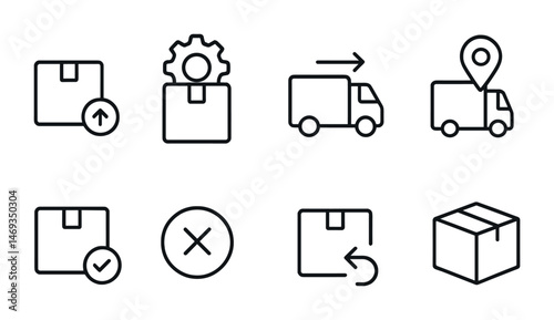 Shipping and delivery outline icons set – logistics, package, transport symbols