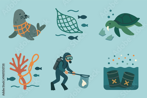 Marine pollution outline icons set – detailed, environmental, ocean conservation symbols