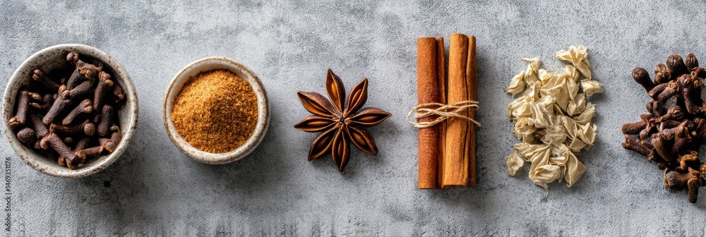 Autumn Spices Arranged in an Elegant Flatlay Showcasing Cloves, Cinnamon Sticks, and Star Anise on a Textured Surface Generative AI