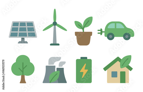 Eco and sustainability flat icons set – green, renewable, environment symbols