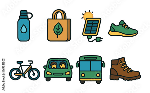Eco-friendly lifestyle flat icons set – sustainable, green living, carbon footprint symbols