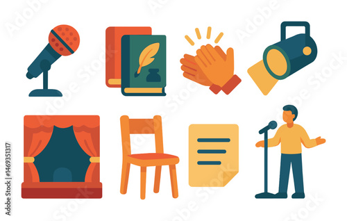Theater and performance icons set – flat, filled, acting and drama symbols