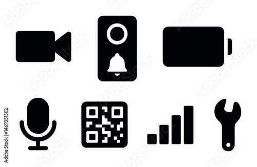 Technology and media silhouette icons set – solid, communication and gadget symbols