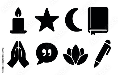 Spiritual and wellness silhouette icons set – filled, solid, meditation and tranquility symbols