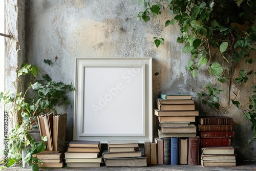 Blank frame mockup with books and greenery against a textured wall