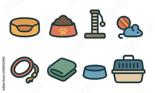 Pet care flat icons set – animal, domestic, and pet accessory symbols