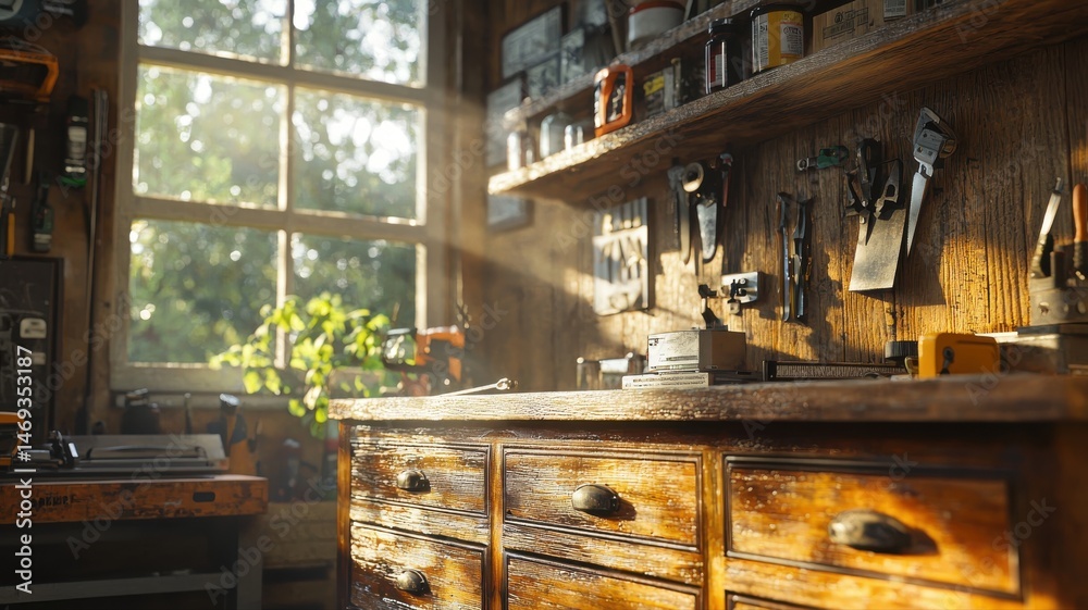 Fototapeta premium Rustic Vintage Workshop Interior with Sunlight Streaming Through Window workshop vintage rustic wood