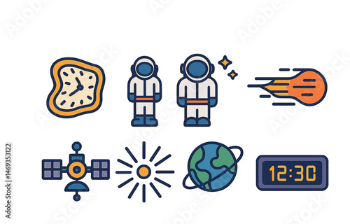 Space exploration flat icons set – filled, astronaut, galaxy and universe symbols