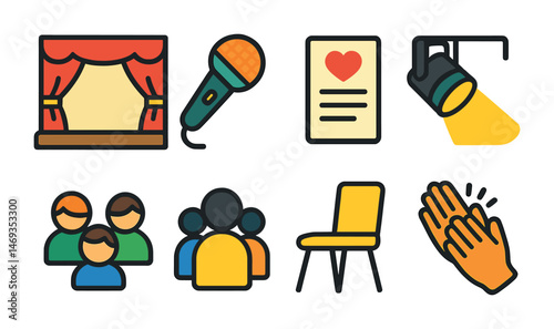 Theater and performing arts flat icons set – silhouette, filled, show symbols