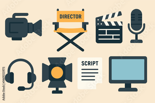 Film industry silhouette icons set – equipment, cinema, entertainment graphics