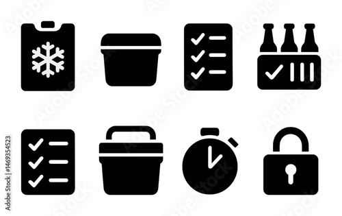 Grocery and shopping silhouette icons set – checklist, cart, market essentials