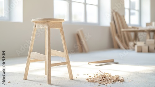 Handcrafted Wooden Stool in a Sunny Woodworking Workshop woodworking workshop sunny wooden stool diy