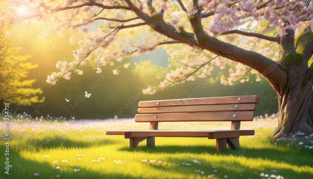 Fototapeta premium illustration of a wooden bench under a blooming tree in a sunlit meadow