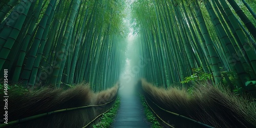 Dense bamboo path fading into mist viewed from a straight angle.