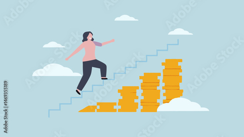 Woman climbing stairs to financial success achieving wealth and prosperity upward mobility growth