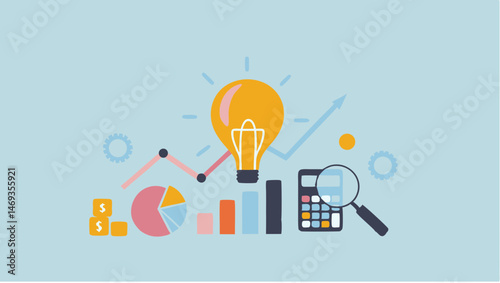 Bright Idea Innovative Solutions Growth Strategy Data Analysis Chart Magnifying Glass Calculator