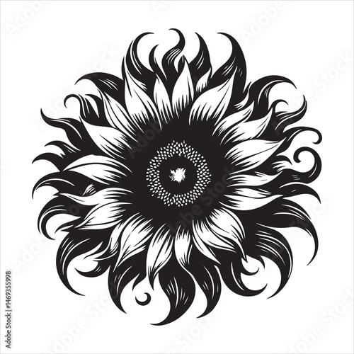Black sunflower silhouette on a bright white background, clean and detailed petals 