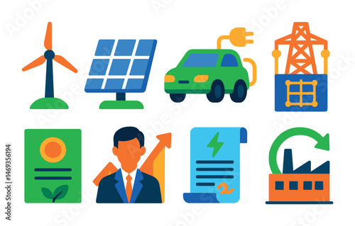 Renewable energy flat icons set – solar, wind, eco-friendly power symbols
