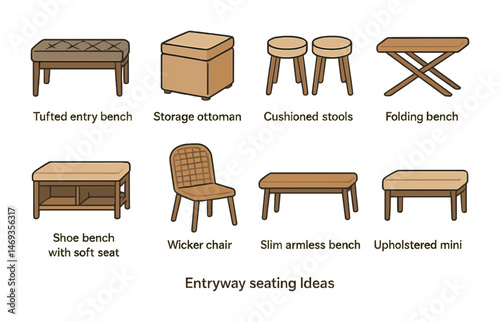 Entryway seating ideas icons set – flat, furniture, benches and stools symbols