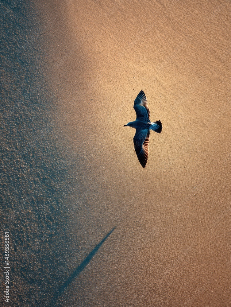 Bird Casts Shadow While Flying Across Bright Sunlit Sand During Golden Hour Near the Shore Generative AI