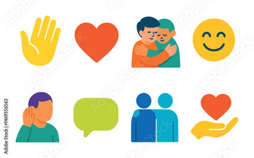 Empathy and compassion flat icons set – kindness, support and caring symbols