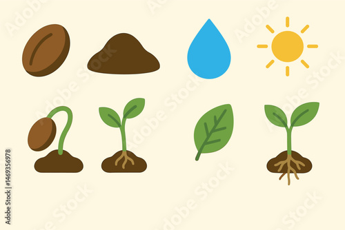 Gardening and nature flat icons set – filled, organic, plant growth symbols