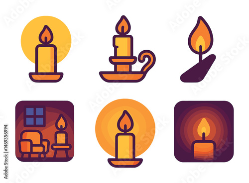 Candle and lighting flat icons set – silhouette, outline, illumination symbols