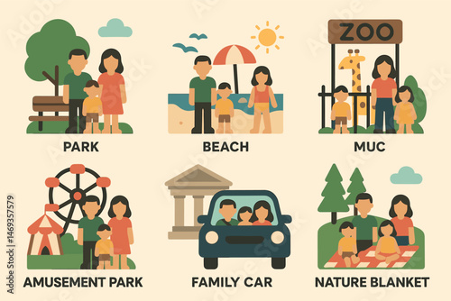 Family adventure flat icons set – park, beach, and outdoor activity symbols