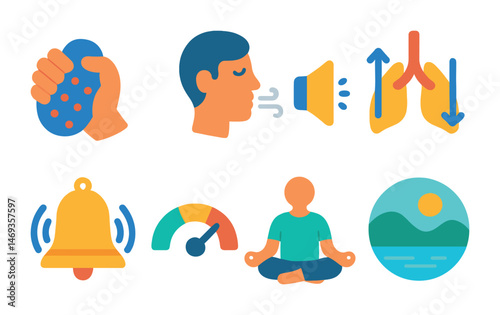Breathing exercises flat icons set - wellness, health, mindfulness graphics