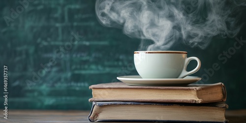 A steaming cup of coffee on a saucer sitting atop a stack of books with a dark background behind it