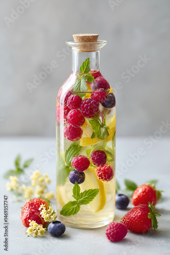 Sparkling kefir water with lemon balm and berries