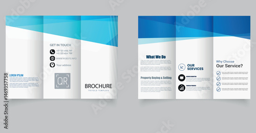 Minimal Corporate Trifold Brochure Template with Blue Geometric Design. Corporate business flyer in modern style. Editable image. Vector.