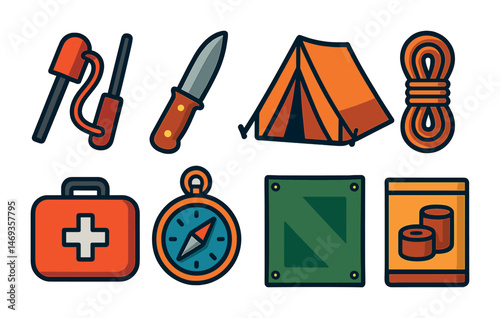 Camping adventure icons set – outline, filled, wilderness and survival symbols
