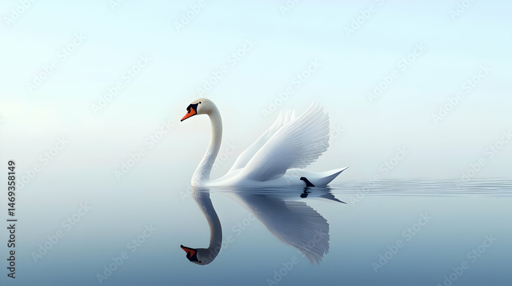 Fototapeta premium White Swan Reflecting On Calm Water