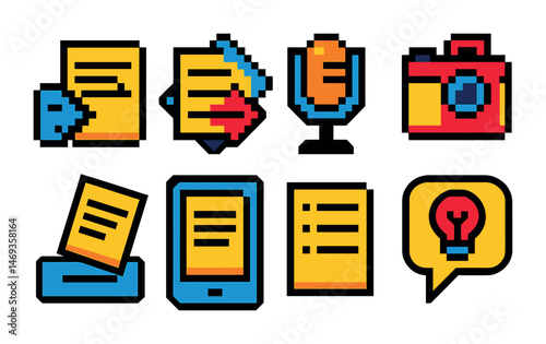Communication and media icons set – pixel art, digital, multimedia symbols